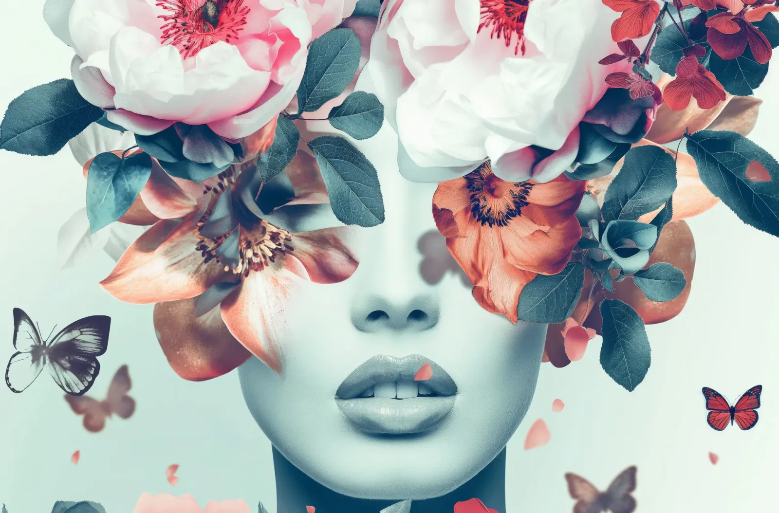 a stylised face sculpture with closed lips is surrounded by large flowers and leaves, with butterflies flying nearby. the image blends human features with floral elements in soft colours.